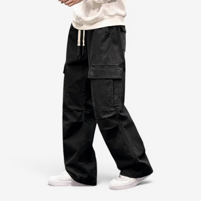 Men's Wide Leg Cargo Pants with Drawstring Waist and Pockets