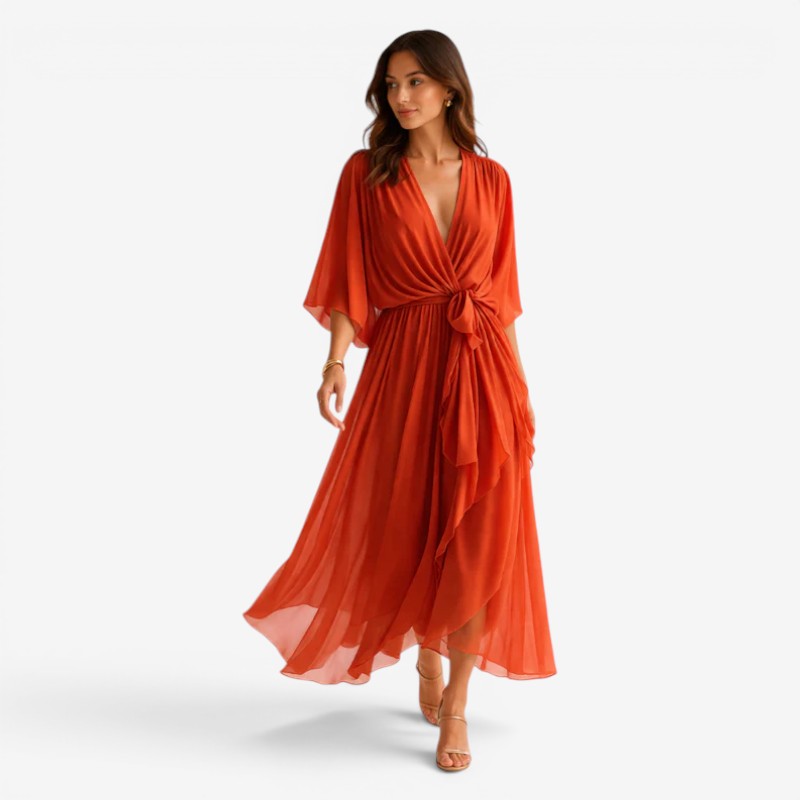 Elegant Midi Dress with V-Neck and Batwing Sleeves