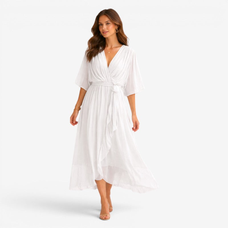 Elegant Midi Dress with V-Neck and Batwing Sleeves