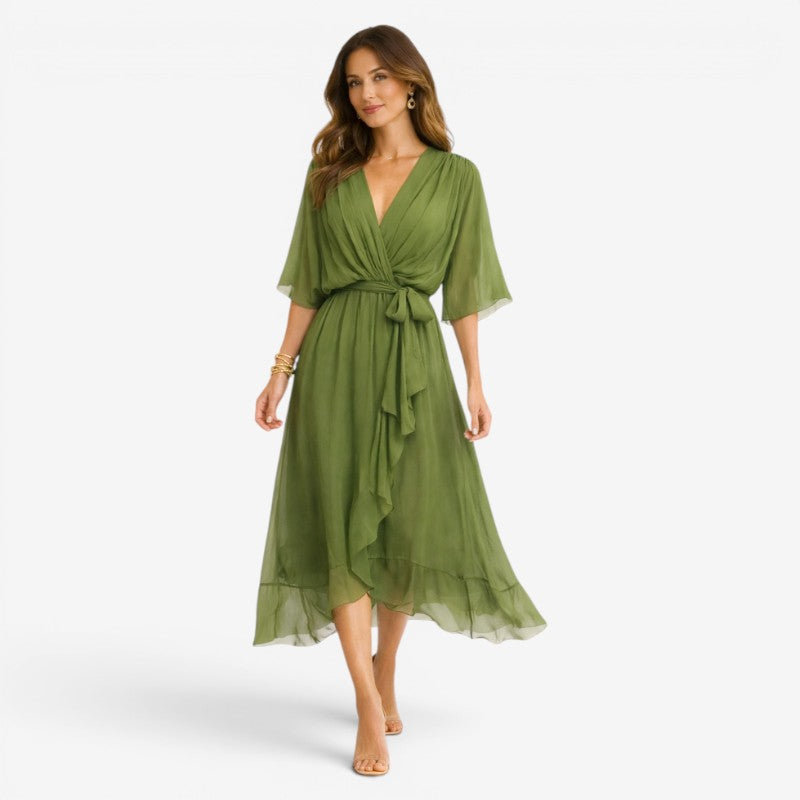 Elegant Midi Dress with V-Neck and Batwing Sleeves