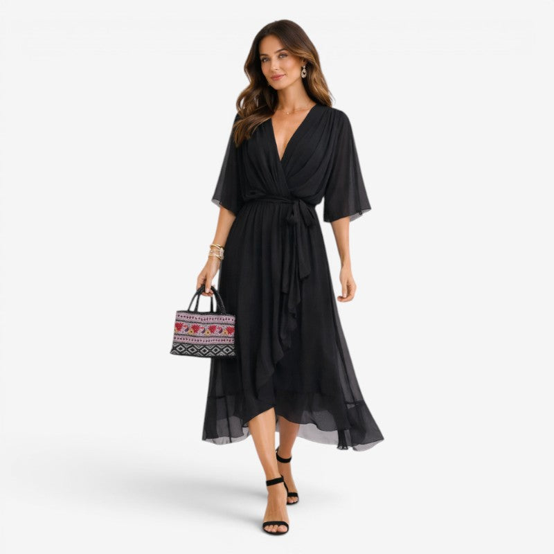 Elegant Midi Dress with V-Neck and Batwing Sleeves