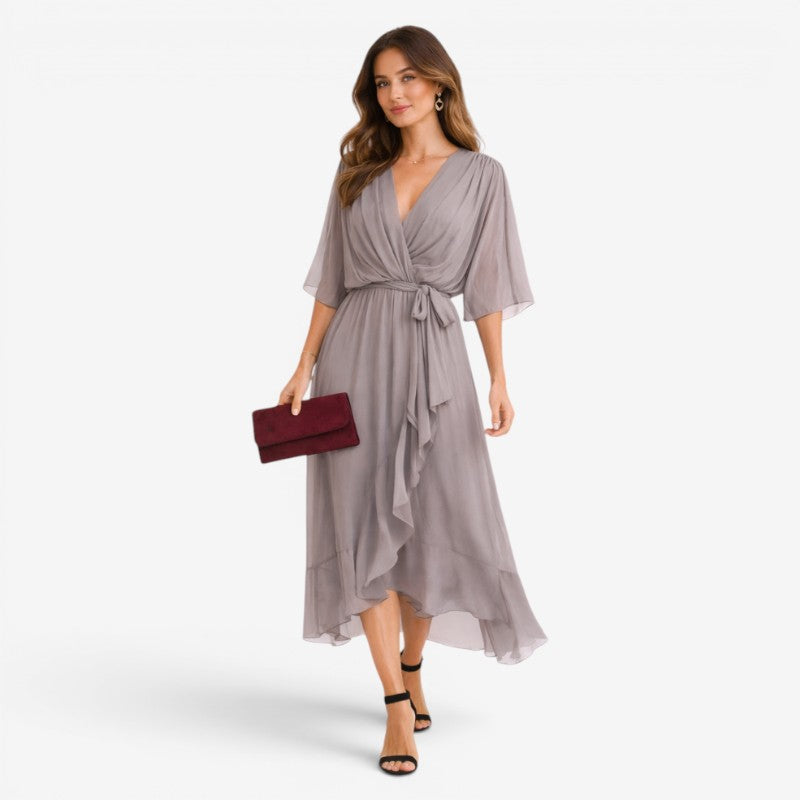 Elegant Midi Dress with V-Neck and Batwing Sleeves