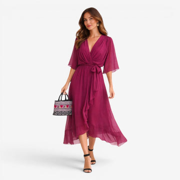 Elegant Midi Dress with V-Neck and Batwing Sleeves