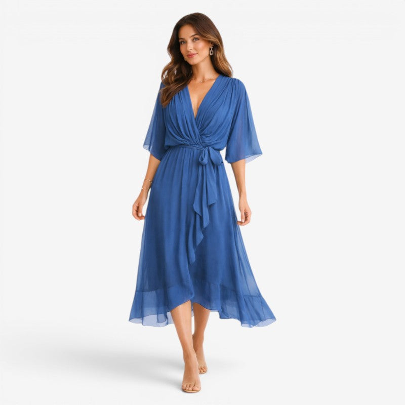 Elegant Midi Dress with V-Neck and Batwing Sleeves