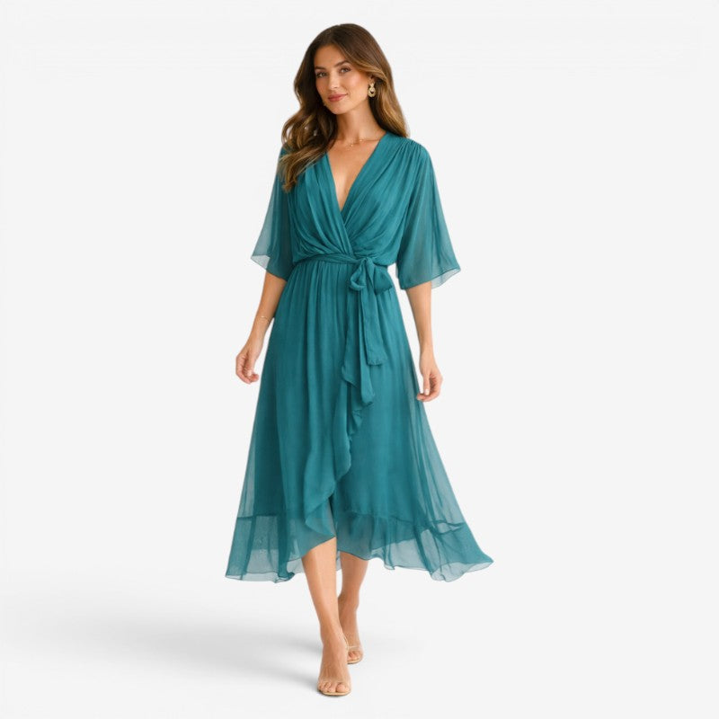 Elegant Midi Dress with V-Neck and Batwing Sleeves