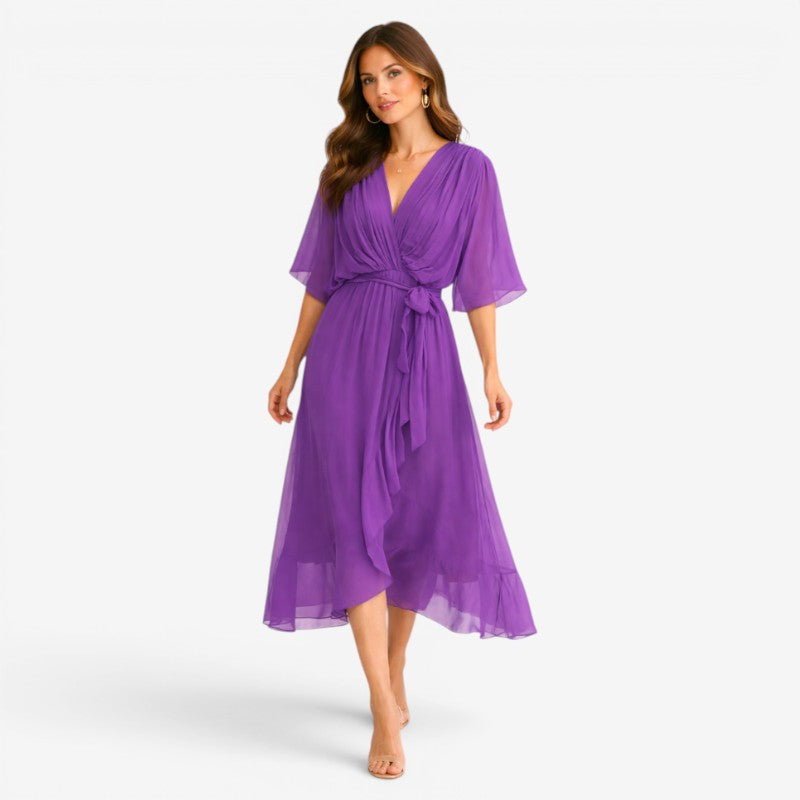 Elegant Midi Dress with V-Neck and Batwing Sleeves