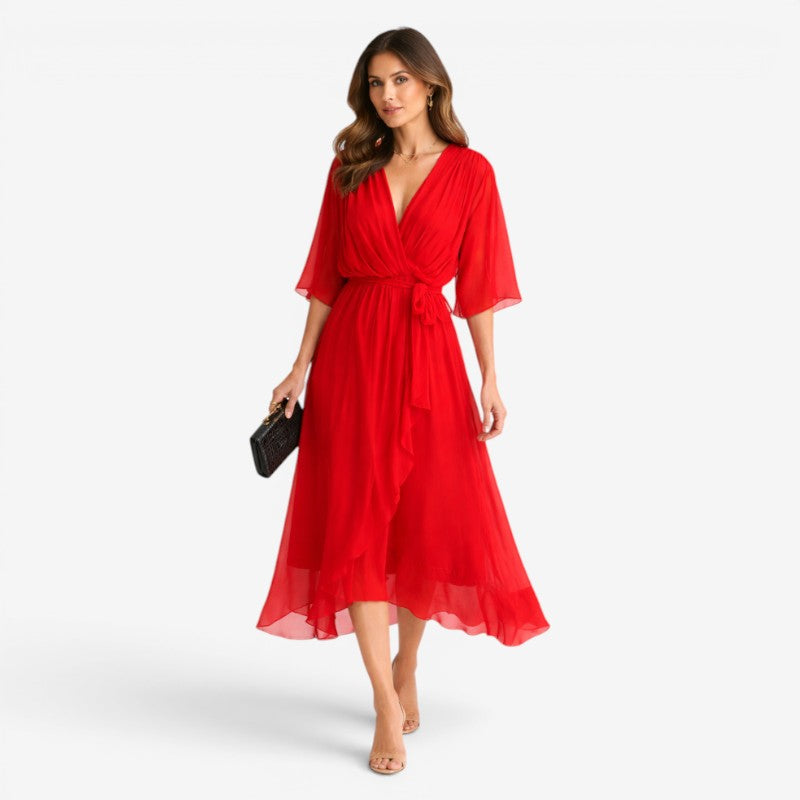 Elegant Midi Dress with V-Neck and Batwing Sleeves