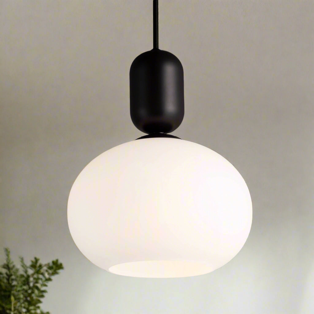 GlowForm - Minimalist Pendant Lights Rounded White Glass Shade with Metallic Accent | Soft Diffused Ambient Glow for Modern Elegance | Ideal for Kitchen, Dining Room, Hallway, or Home Office
