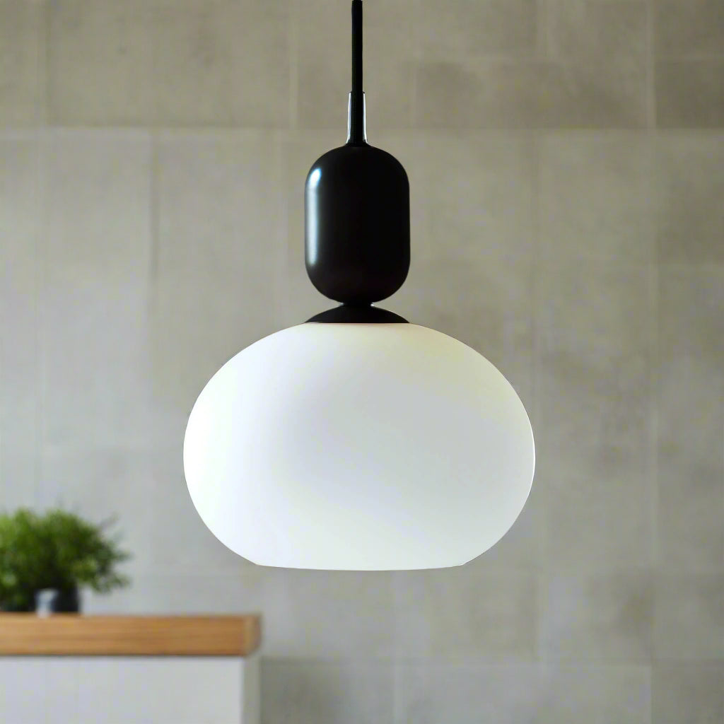 GlowForm - Minimalist Pendant Lights Rounded White Glass Shade with Metallic Accent | Soft Diffused Ambient Glow for Modern Elegance | Ideal for Kitchen, Dining Room, Hallway, or Home Office