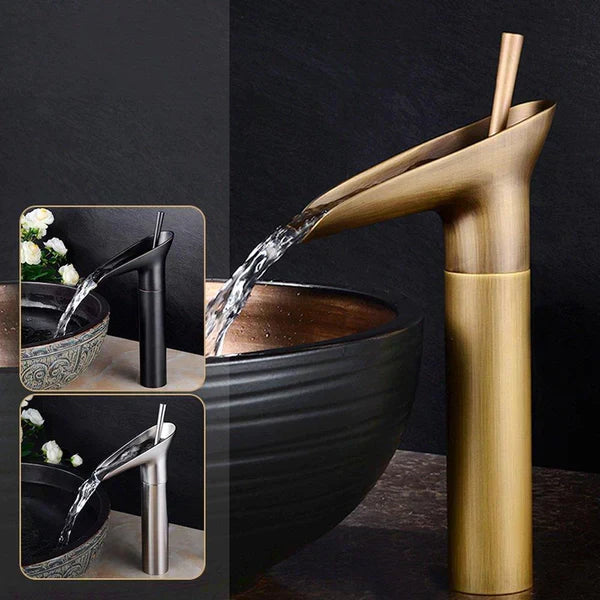 AquaFalls - Vintage Waterfall Bathroom Faucet Antique Brass Finish with Gentle Cascading Flow | Single-Handle Design for Effortless Water Control | Elegant Accent to Enhance Bathroom Aesthetics
