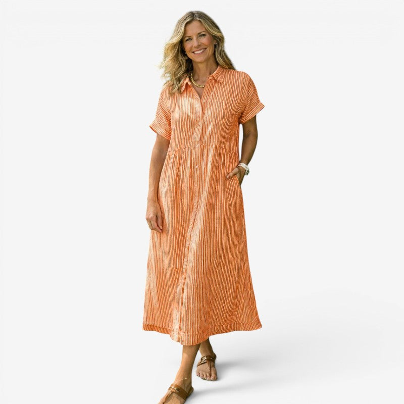 Women's Classic Striped Midi Shirt Dress with Button Front