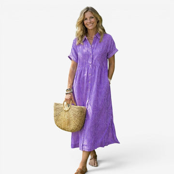 Women's Classic Striped Midi Shirt Dress with Button Front