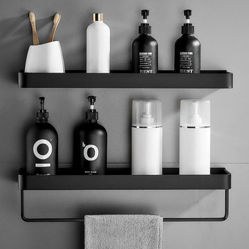 NoirLux- Wall Shelf Sleek Bathroom Storage with Towel Bar and Hooks