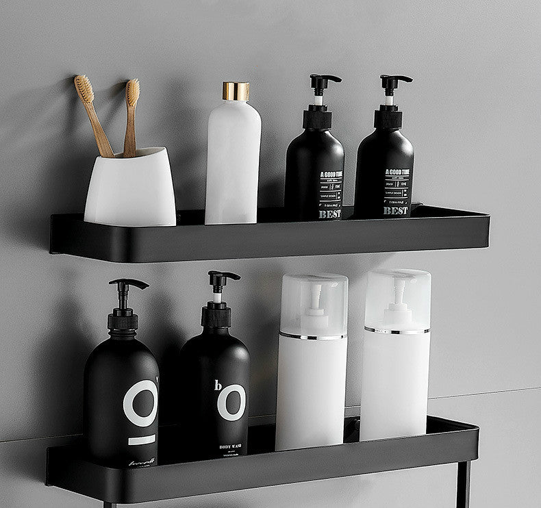 NoirLux- Wall Shelf Sleek Bathroom Storage with Towel Bar and Hooks