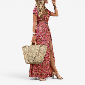 Women's Floral Print Maxi Dress with Belted Waist