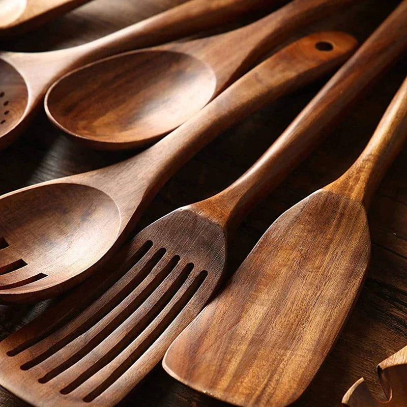 EcoChef - Teak Wood Utensil Set Premium Teak Construction for Durability and Longevity | Ergonomic Design for Comfortable Handling | Eco-Friendly Sustainable Tools for Everyday Cooking