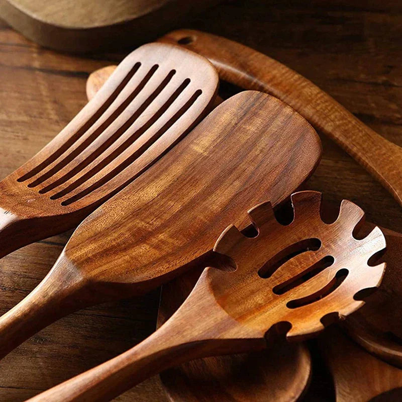 EcoChef - Teak Wood Utensil Set Premium Teak Construction for Durability and Longevity | Ergonomic Design for Comfortable Handling | Eco-Friendly Sustainable Tools for Everyday Cooking