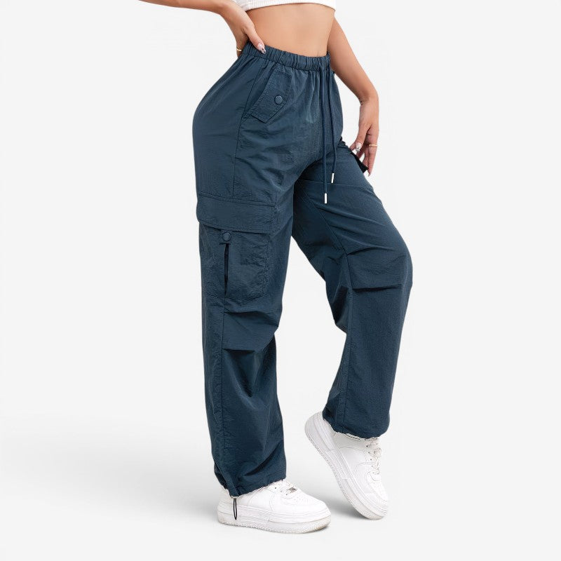 Women's Wide Leg Trousers with Drawstring Waist and Multiple Pockets
