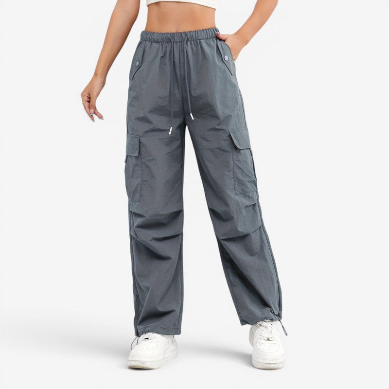 Women's Wide Leg Trousers with Drawstring Waist and Multiple Pockets