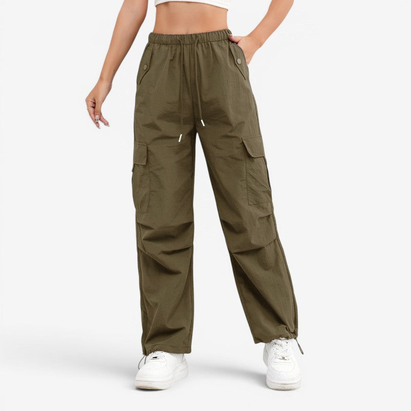 Women's Wide Leg Trousers with Drawstring Waist and Multiple Pockets