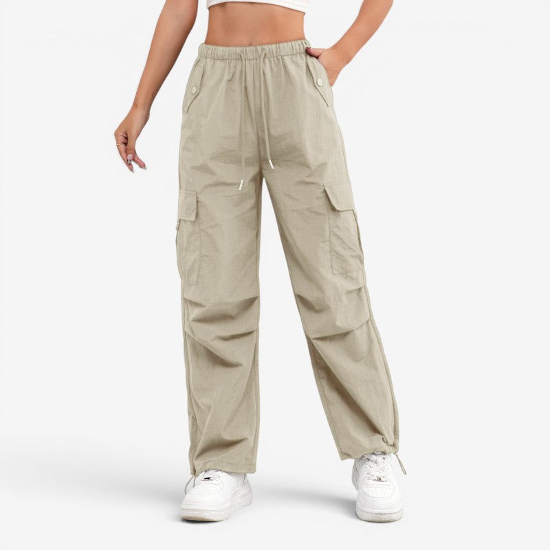 Women's Wide Leg Trousers with Drawstring Waist and Multiple Pockets