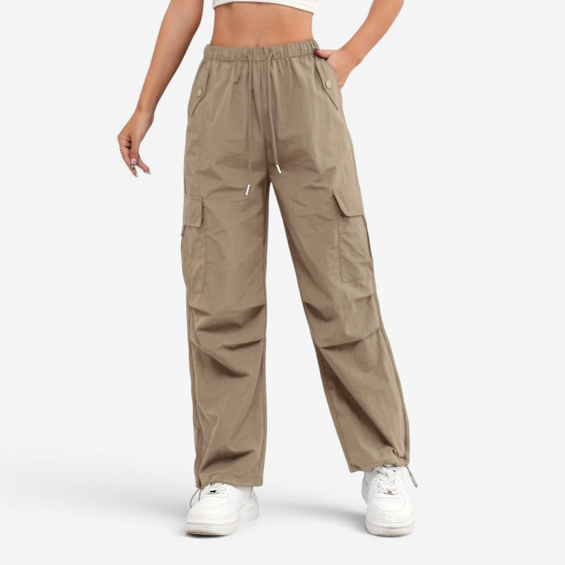 Women's Wide Leg Trousers with Drawstring Waist and Multiple Pockets