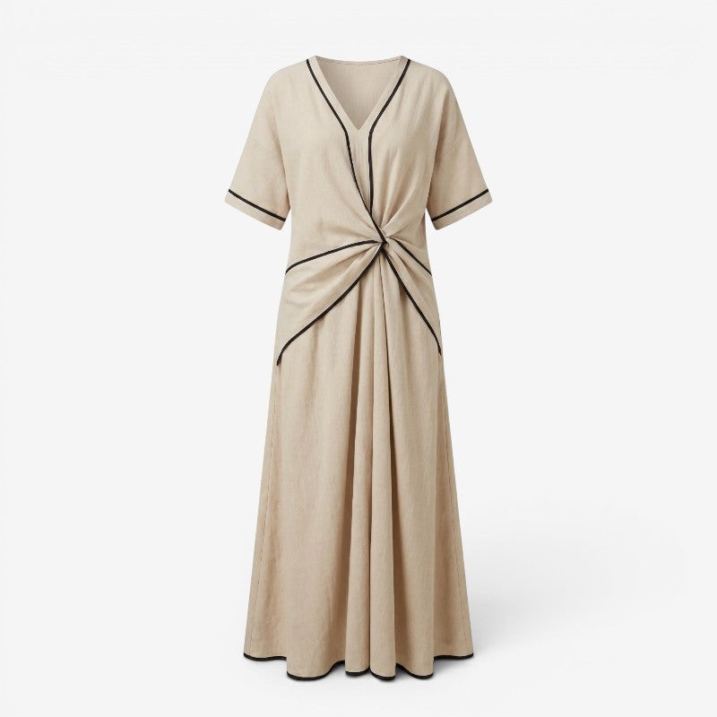 Elegant Women's V Neck Twist Front Maxi Dress